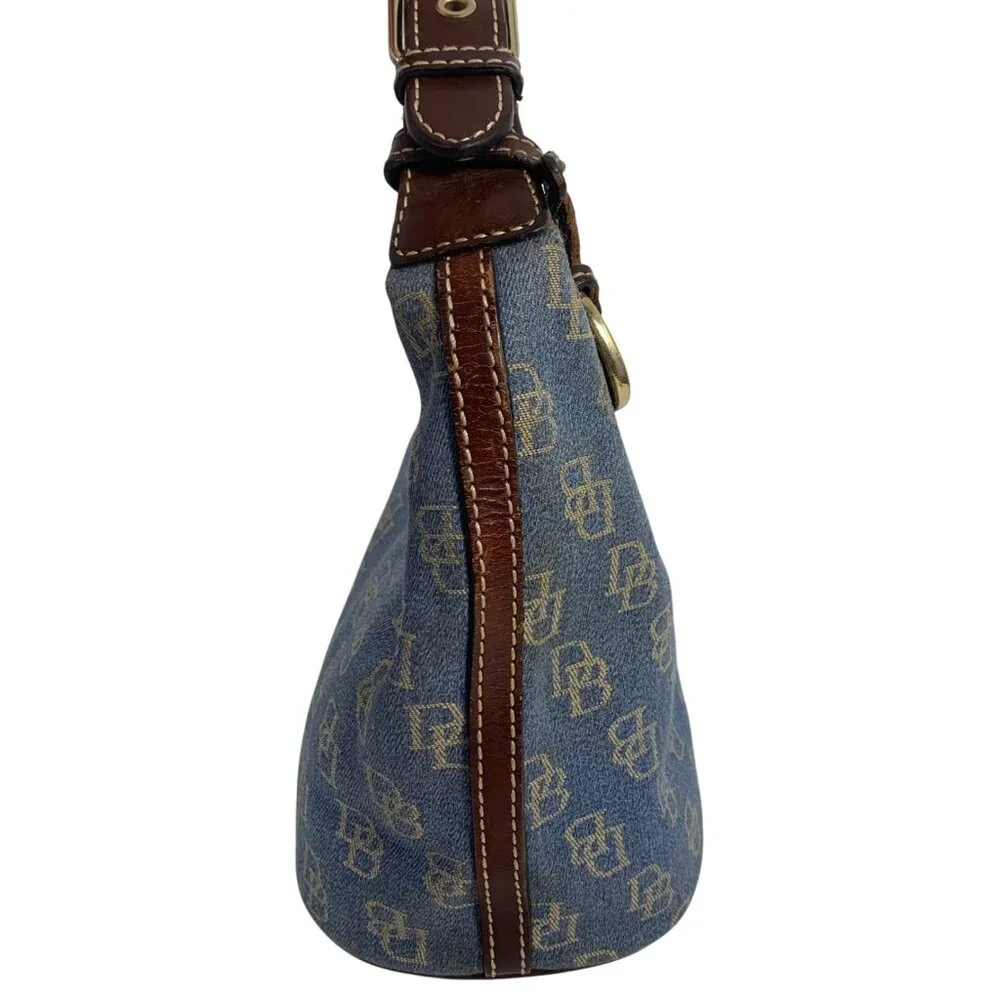 Dooney Bourke Blue Denim Jeans DB Logo Brown Leather Mini Hobo Bag Vintage Y2K